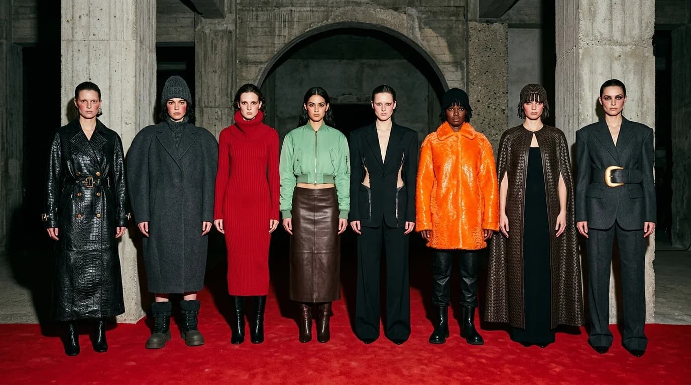 Eight models lined up after a show — intrecciato leather, sculpted coats, and candy-color accents over a dark base, one unmistakable collection DNA