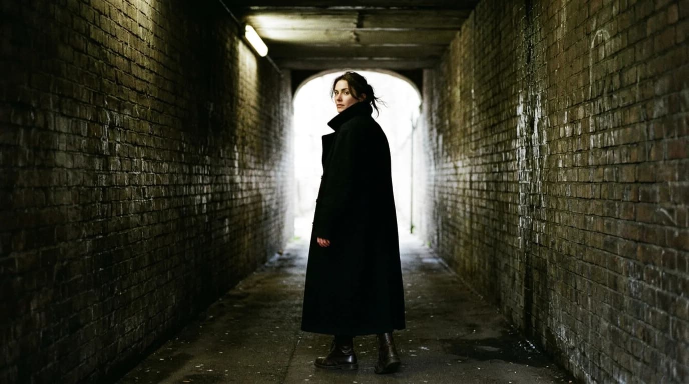 A campaign-quality fashion video frame showing a model in dramatic lighting, generated with AI rather than a production crew