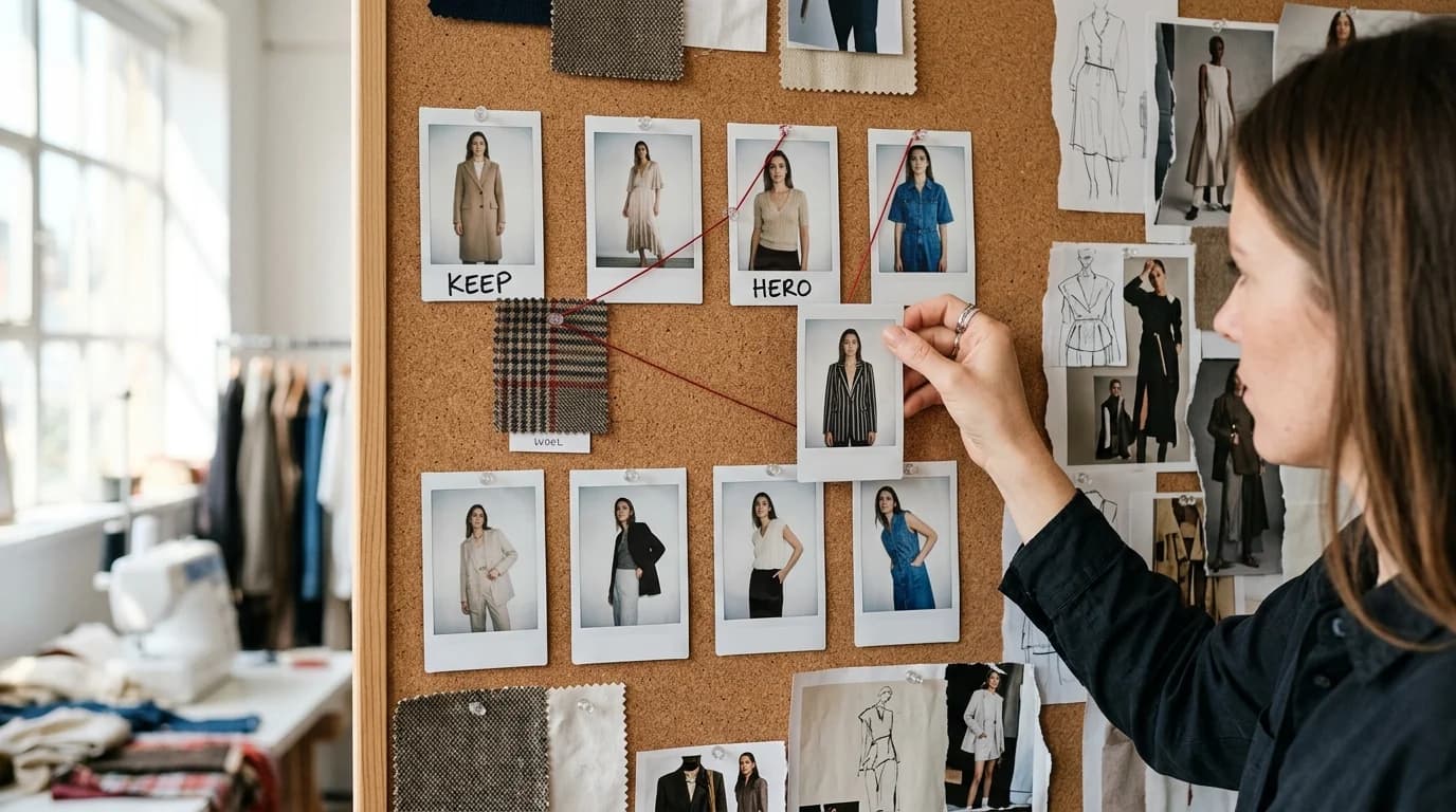 A designer's mood board with Polaroid fitting shots pinned in rows, handwritten notes marking hero looks for a campaign