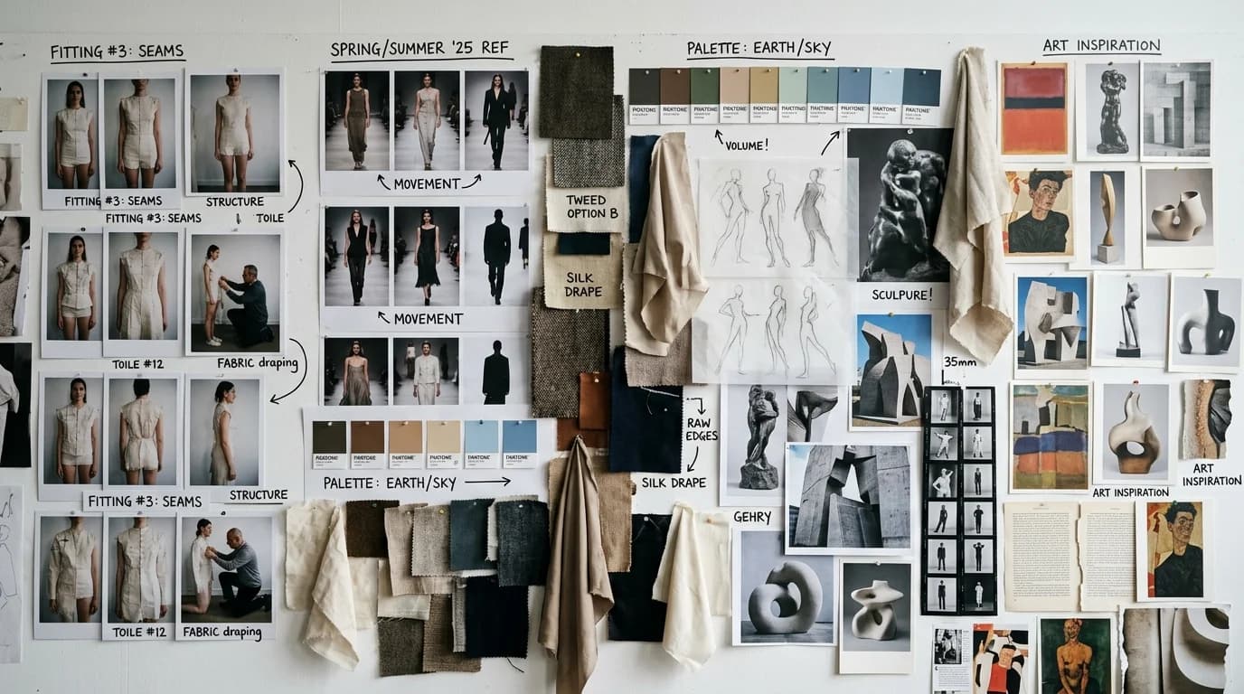 A creative director's mood board covering an entire studio wall — densely packed fitting Polaroids, runway stills, art references, fabric swatches, and handwritten notes