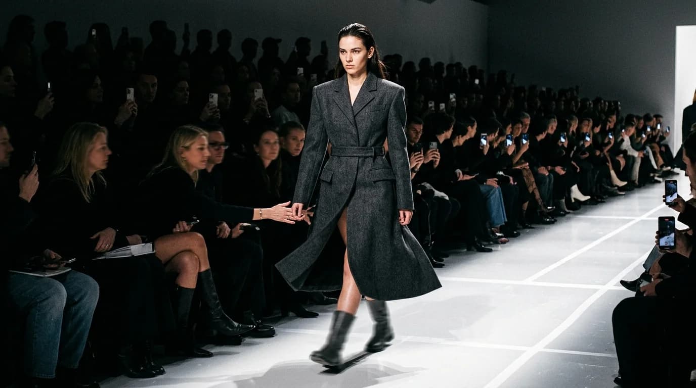 An AI-generated runway approach shot showing a model walking toward camera on a minimalist runway with dramatic lighting