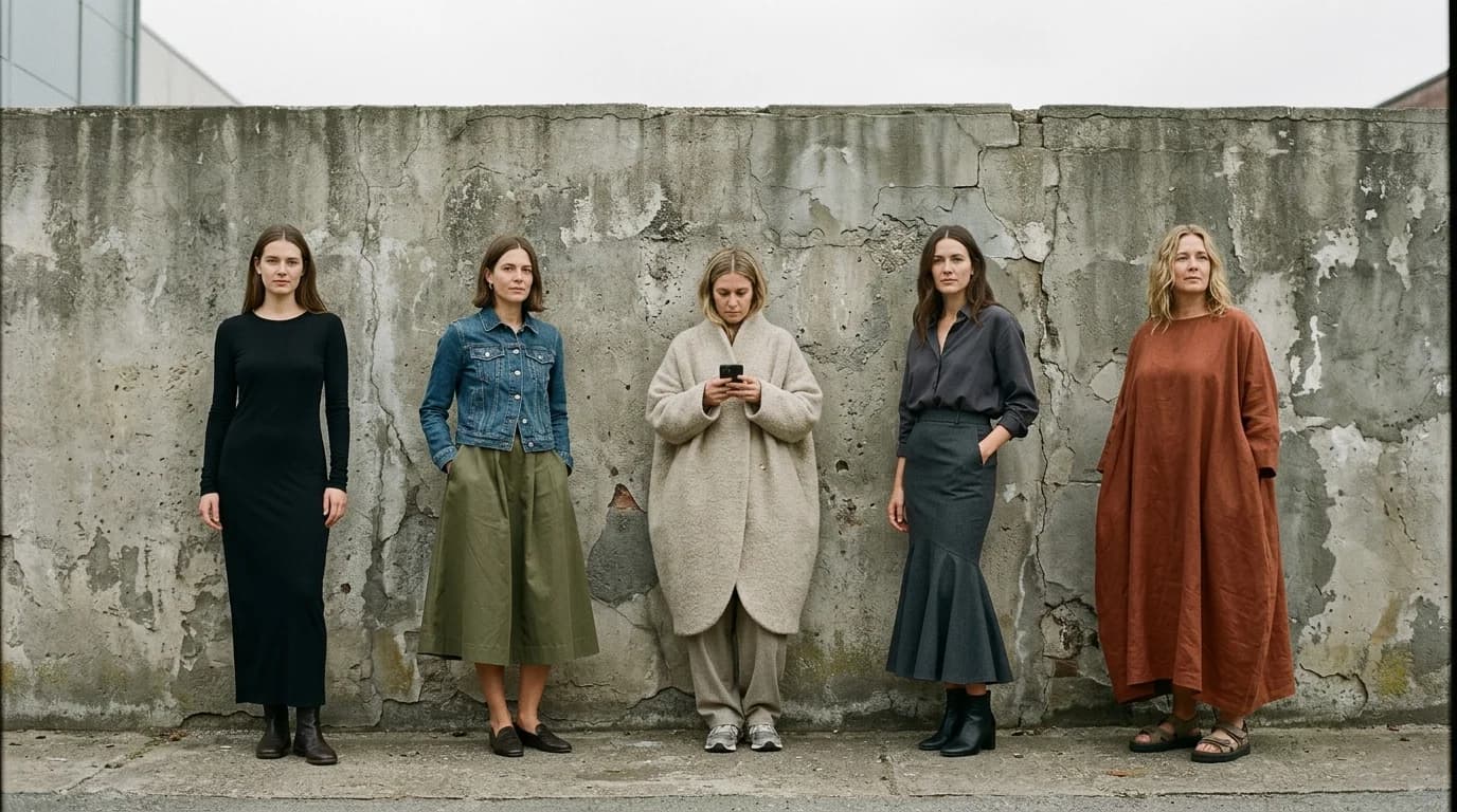 Five garment silhouettes side by side — A-line, column, cocoon, mermaid, and trapeze — showing distinct shapes in AI generation