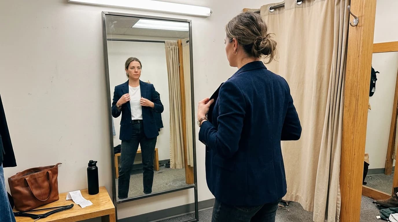 A 360-degree product spin of a structured blazer on a clean white background, showing AI-generated e-commerce video quality