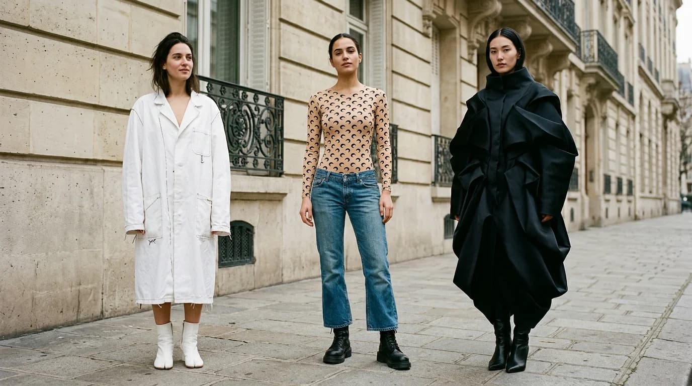 Three women in ANDAM prize-winning designer aesthetics — deconstructed Margiela white, Marine Serre crescent moon second-skin, and conceptual Viktor and Rolf volume