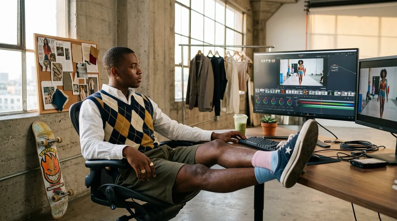 A young Black creative in preppy-skater style editing fashion video on an ultrawide monitor in a bright concrete loft