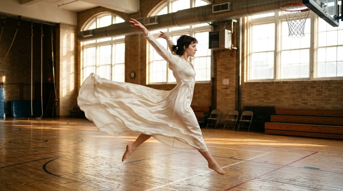 Slow-motion capture of silk charmeuse fabric flowing and catching light during a model's turn