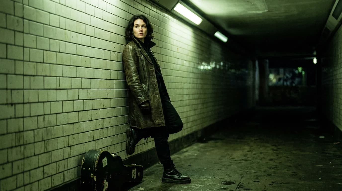 A fashion editorial image showing the intersection of cinematic lighting and musical subculture influences on contemporary garment design
