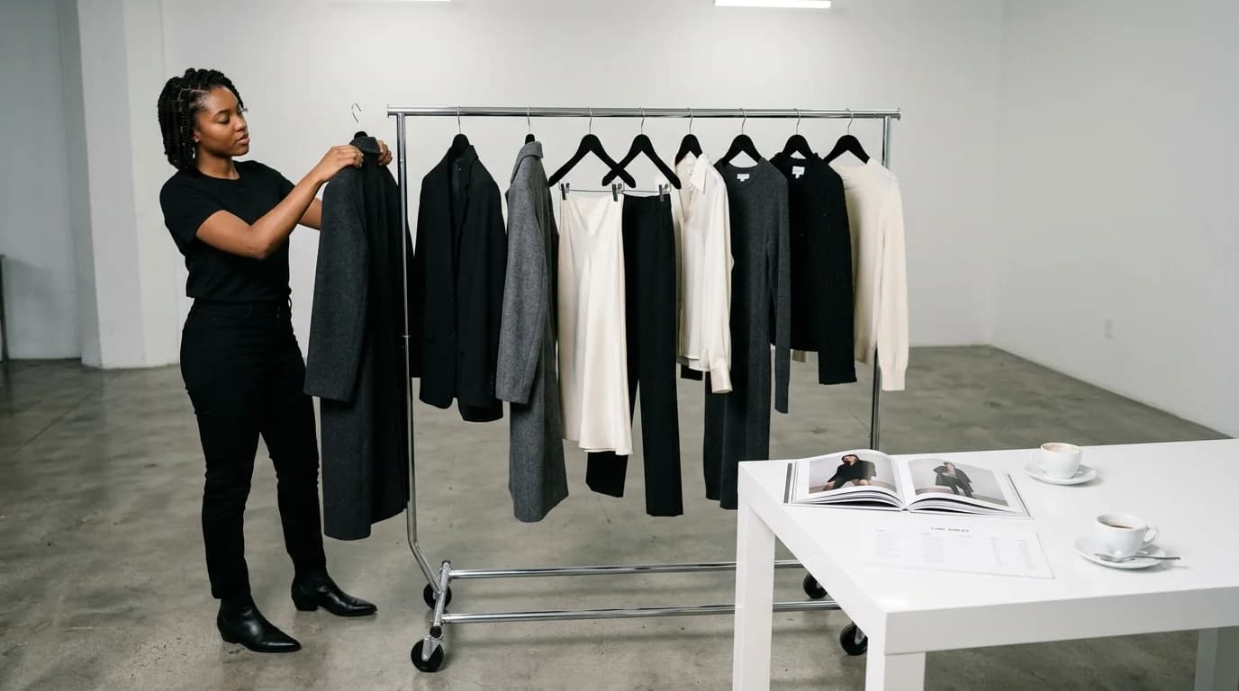 A young designer's first buyer appointment — eight precisely spaced garments on a chrome rack in a clean white showroom, lookbook open on the table