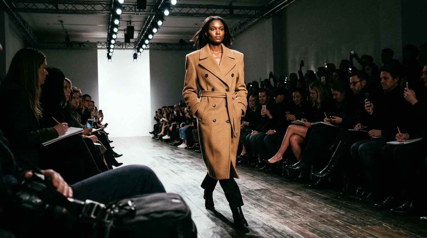 A runway model mid-stride showing a structured tailored coat with visible construction details under dramatic show lighting