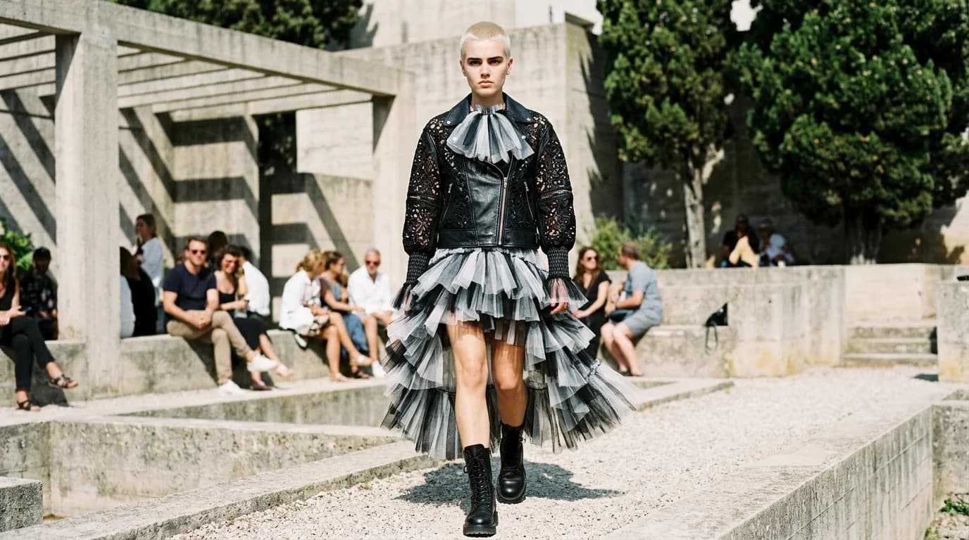 A model in an avant-garde leather-and-tulle biker jacket with cascading ruffles walking through the Villa Noailles garden at Hyères
