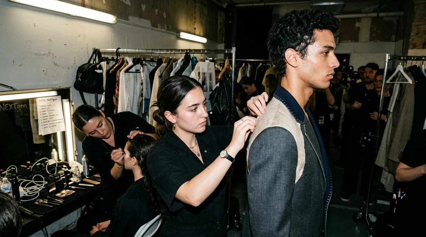 Emerging designer collection detail showing innovative tailoring and material experimentation on a minimalist runway