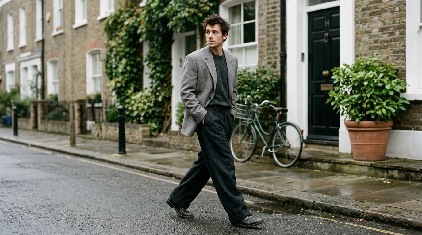 A fashion model in a subtle weight-shift pose wearing a structured blazer, showing natural body positioning for AI video