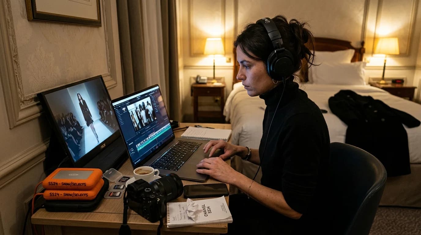 A fashion filmmaker cutting selects late at night — MacBook Pro timeline glowing, headphones on, hard drives and SD cards scattered on a hotel desk
