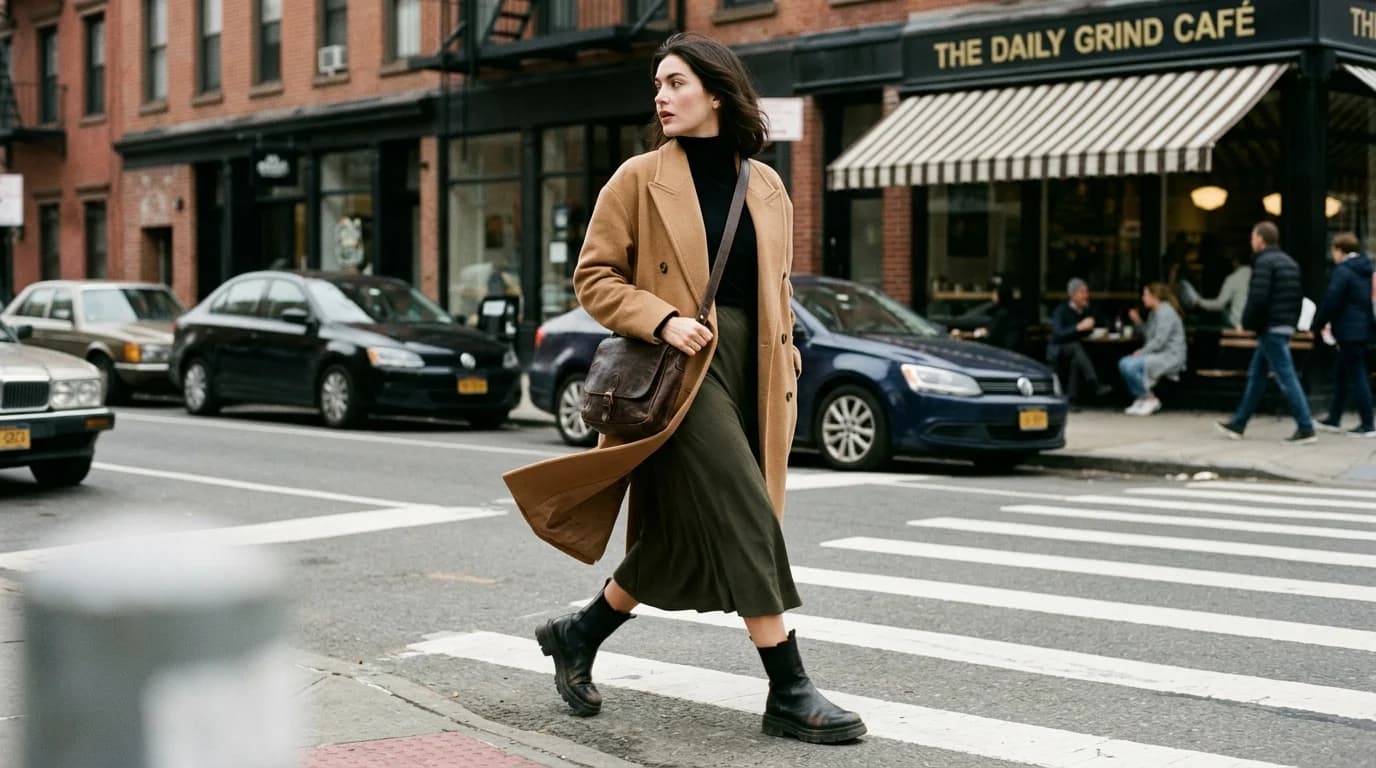 A styled AI-generated fashion image showing a layered outfit with coat over dress, demonstrating editorial context and accessory placement