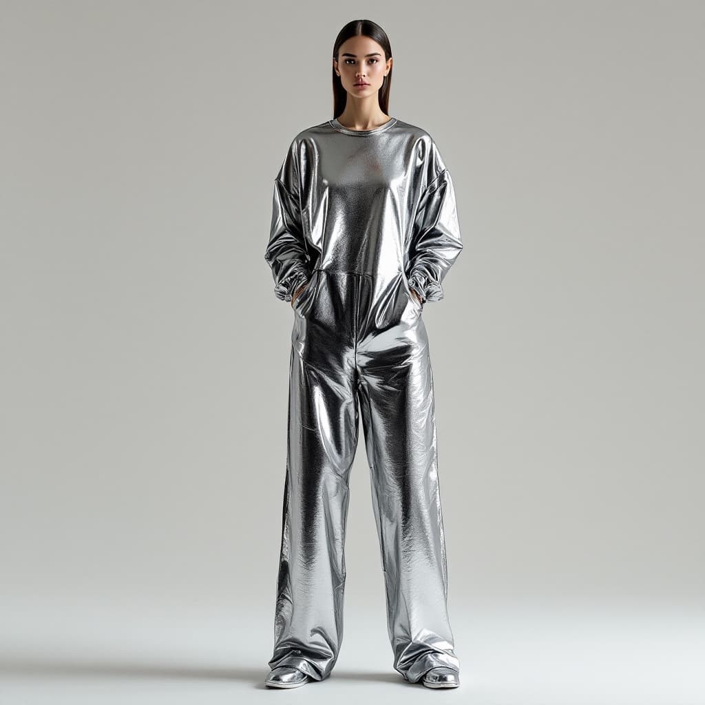 Raw Flux output: crinkled metallic-foil sweatshirt and boxy track pants with a plain crew neck and drop shoulders