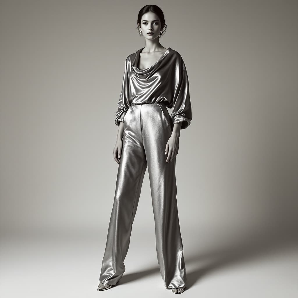 Moire-enriched Flux output: draped cowl neckline, true dolman sleeve geometry, fluid jersey-weight metallic drape over a tailored trouser