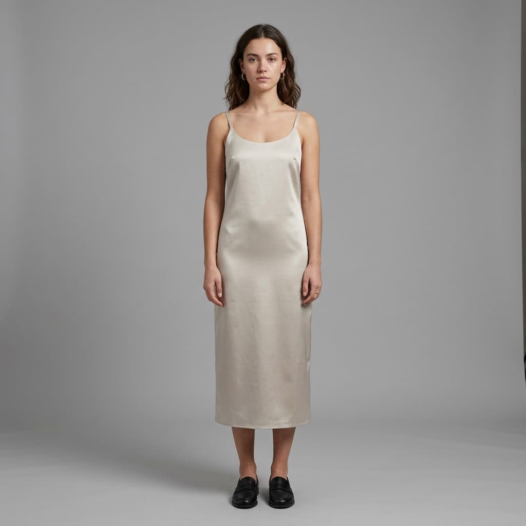 Raw Nano Banana output: a satin slip dress with a flat scoop neckline and straight panels, no bias drape or cowl