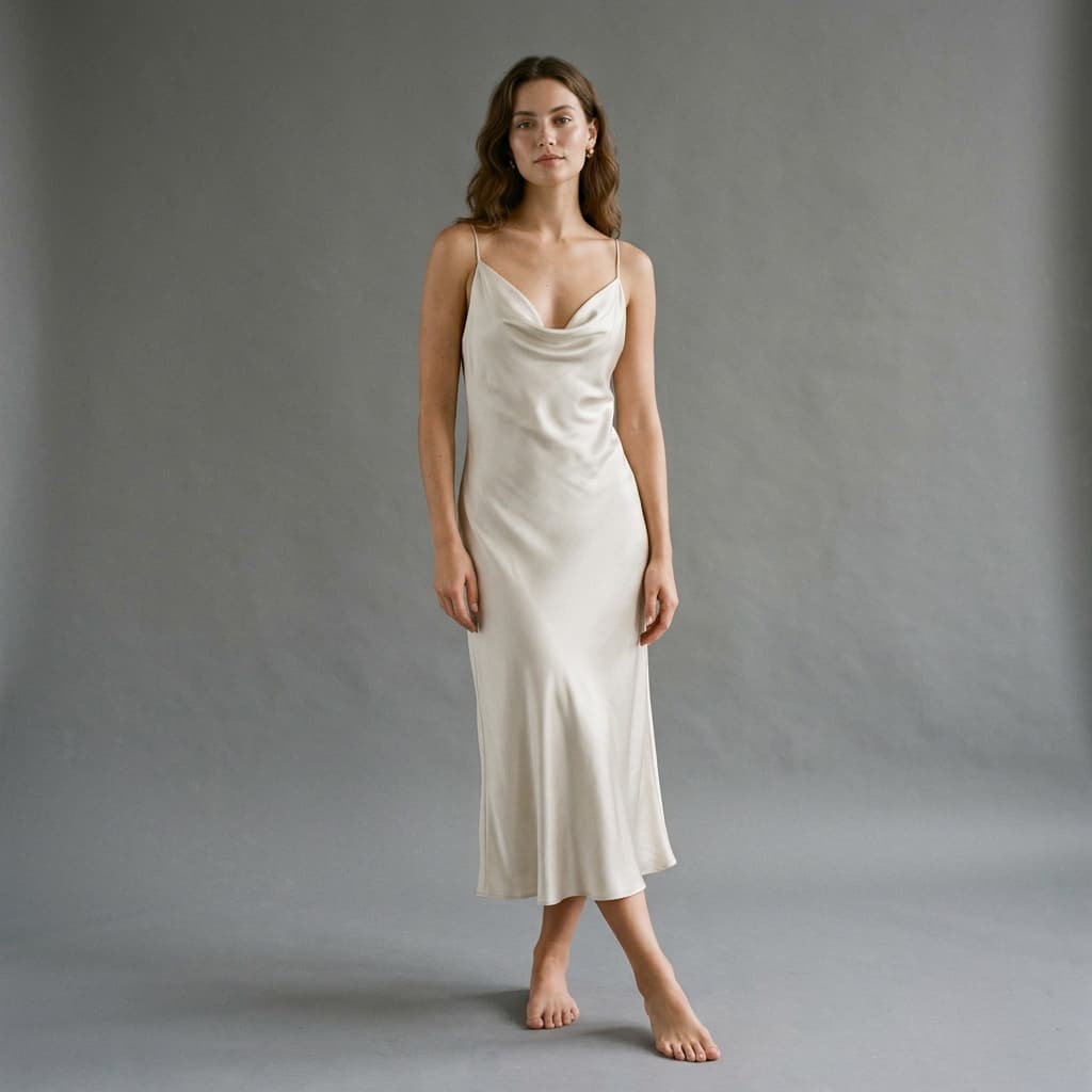 Moire-enriched Nano Banana output: bias-cut silk charmeuse slip dress with a draped cowl neckline, fluid drape skimming the hips, and characteristic charmeuse lustre