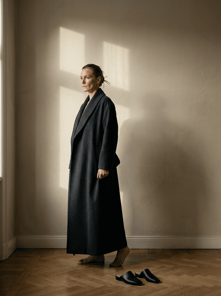 A long charcoal wool wrap coat in a sunlit parquet room, generated with Moire