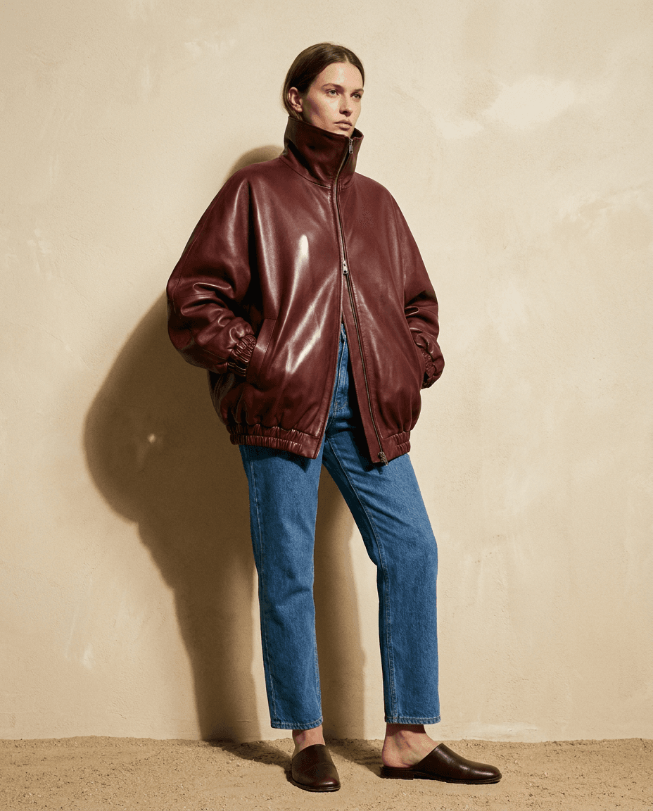 An oversized oxblood leather bomber over blue jeans against a plaster wall, generated with Moire