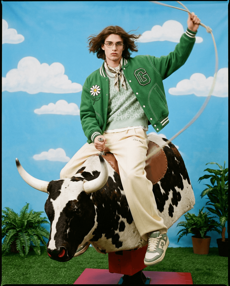 A model riding a black-and-white mechanical bull in layered green-and-cream prep styling, generated with Moire