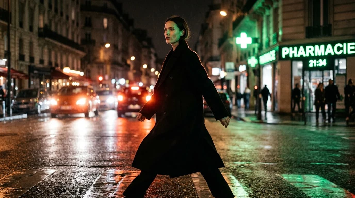 A dramatically composed AI-generated fashion photograph showing considered camera angle, lighting, and model placement
