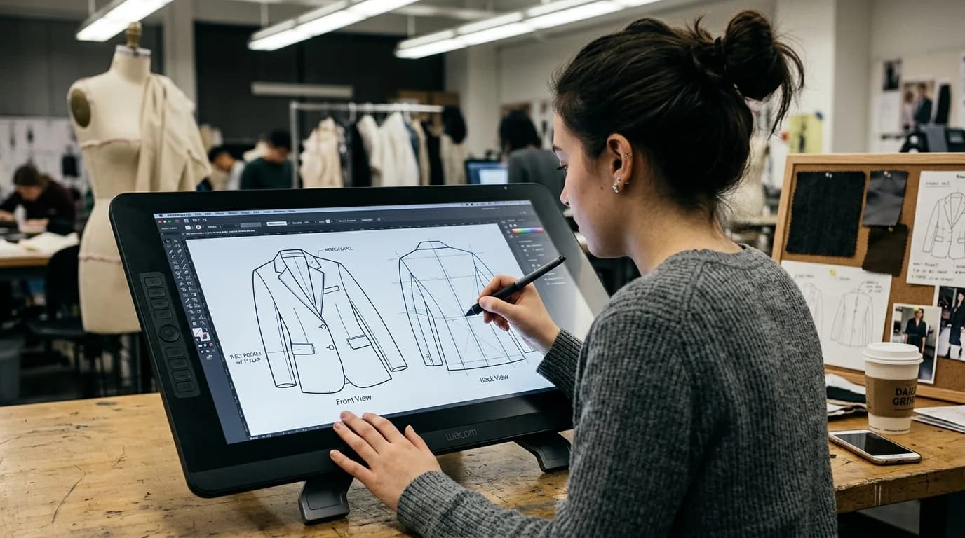 A fashion student drawing a blazer technical flat on a Wacom pen display, front view annotated, back view in progress
