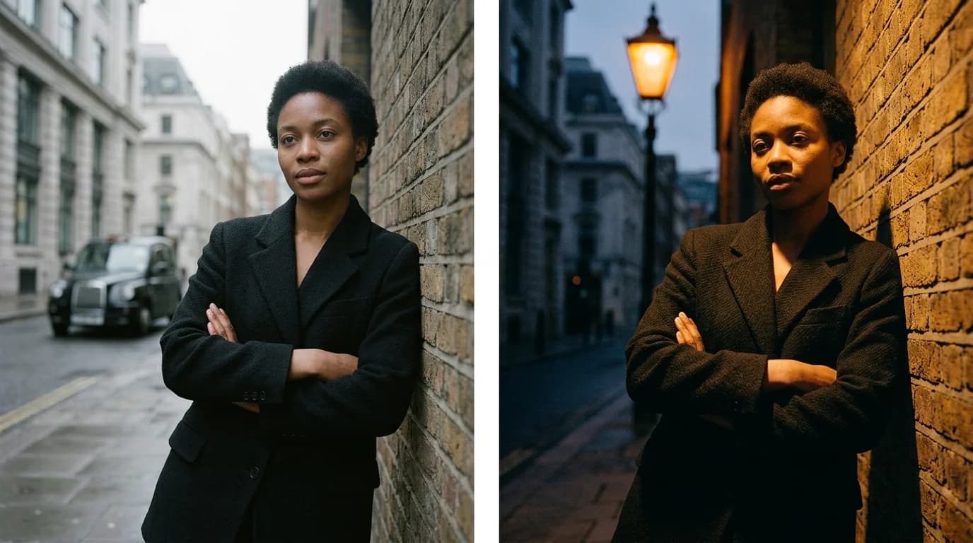 Split comparison of the same garment under soft diffused studio lighting versus dramatic side lighting showing how light changes the fashion image