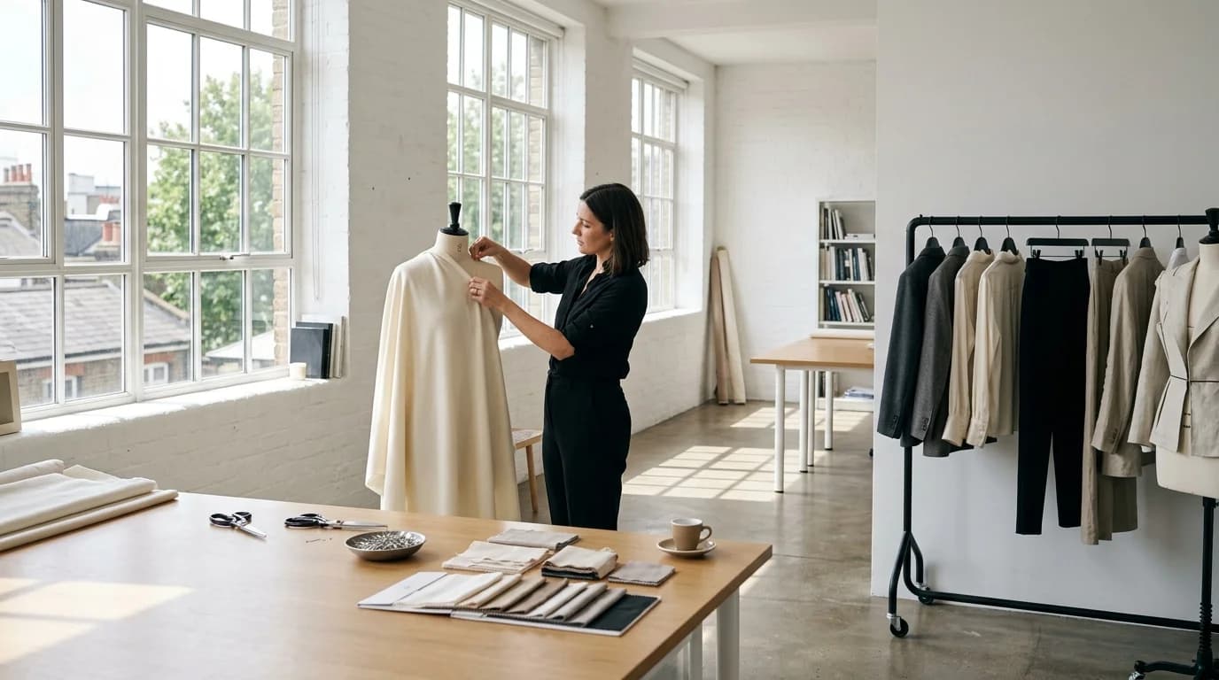 A designer draping fabric on a dress form in a bright, airy atelier with large windows and clean worktables
