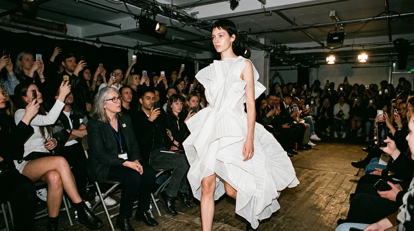A Central Saint Martins graduate show look featuring experimental silhouette and material innovation on the runway