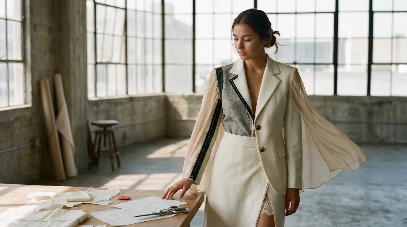 A deconstructed ivory blazer with exposed inner canvas and chiffon panel replacing the removed side, worn in a concrete atelier — 2026 deconstruction as controlled craft