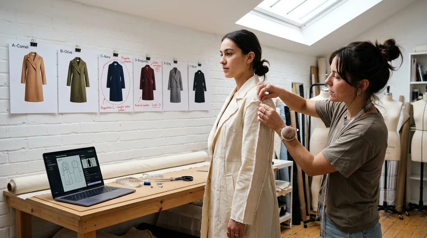 A designer adjusting a toile on a model while AI-generated coat variations are pinned to the wall behind — digital exploration meeting physical craft