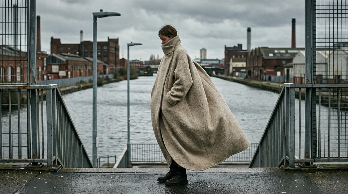 An experimental oversized cocoon silhouette coat in structured wool shown on a minimalist runway