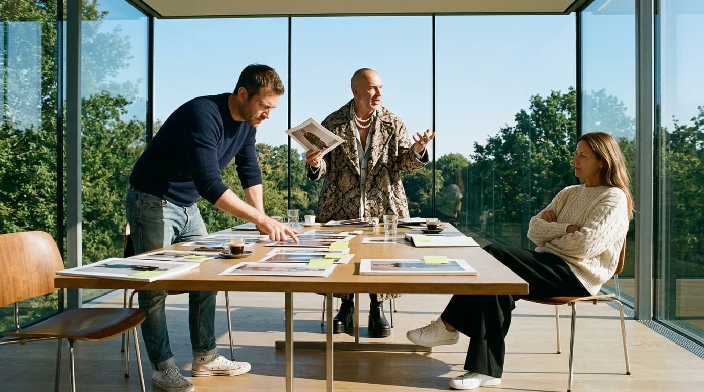 A fashion prize jury — three creative directors in their personal uniforms deliberating over finalist lookbooks in a modernist glass room