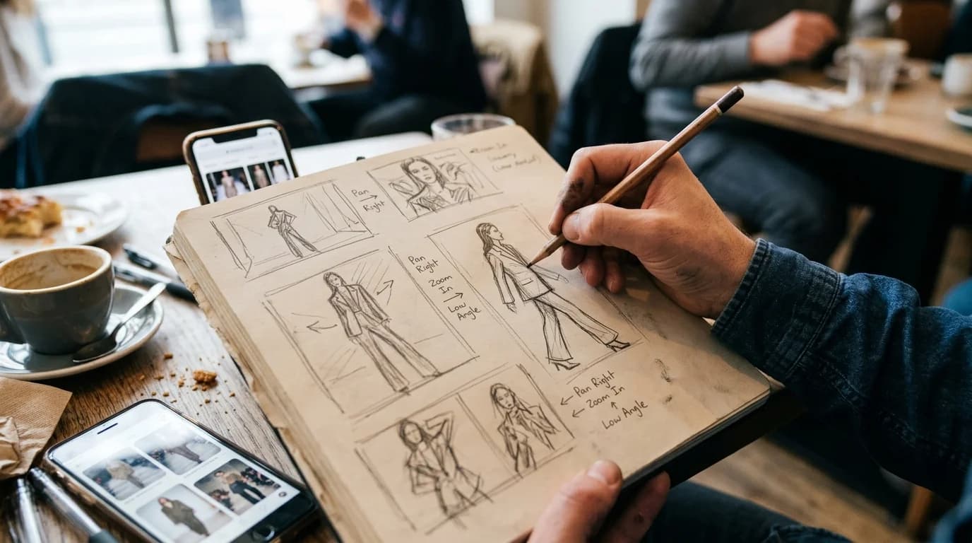 A hand-drawn storyboard layout showing six frames of a fashion lookbook video sequence with camera movement annotations