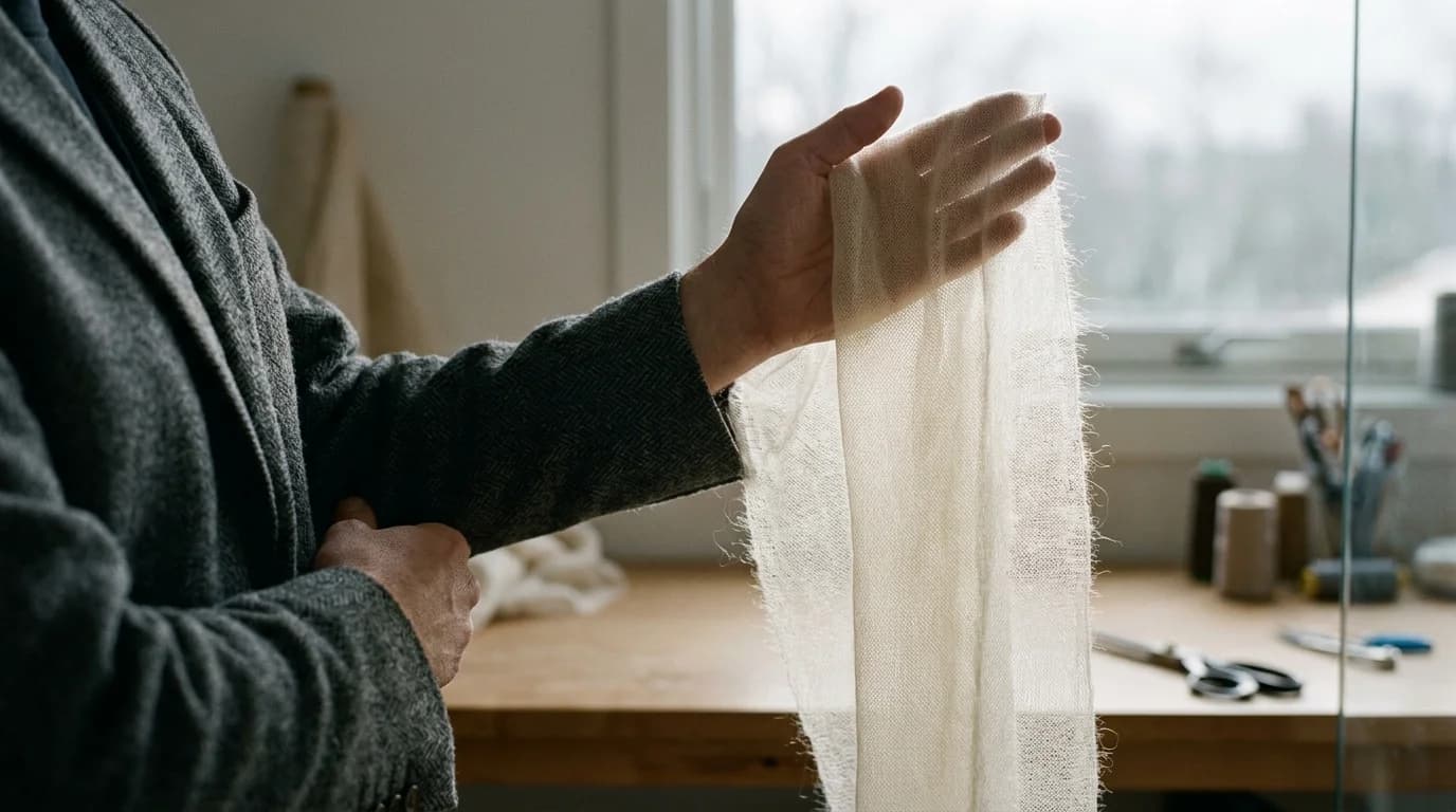 A detail shot of innovative lightweight merino wool fabric showing the material craftsmanship celebrated by the Woolmark Prize