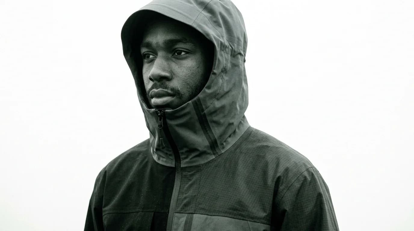A close crop of a young Black man in a technical shell jacket made from contrasting upcycled fabrics — clinical campaign photography, the garment is the focus