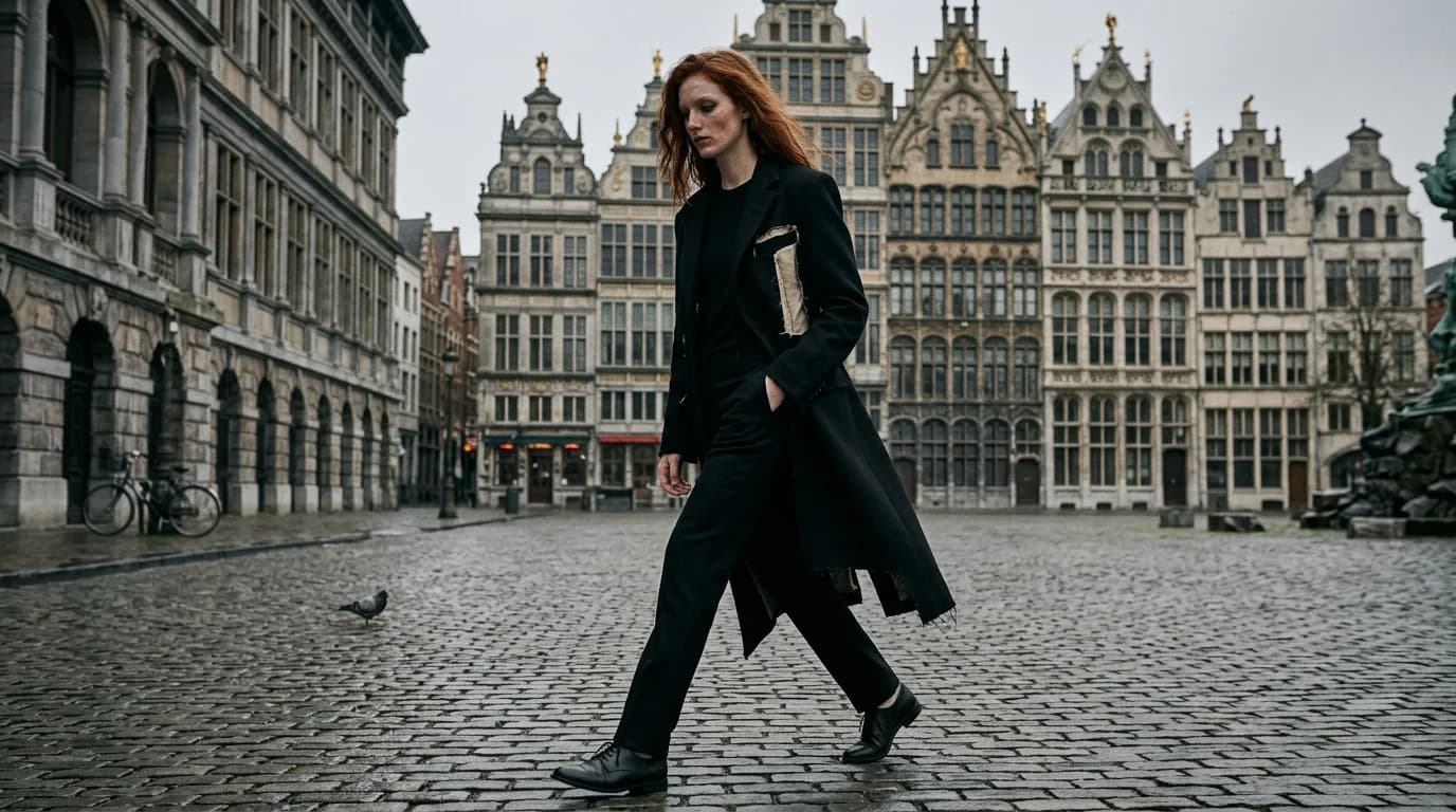 A tall red-haired model in a warped black tailored coat with deliberately disrupted construction walking through an empty Antwerp square