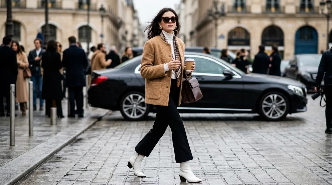 Street style outside a Paris fashion show — a woman in layered Celine-era tailoring caught mid-stride by a photographer