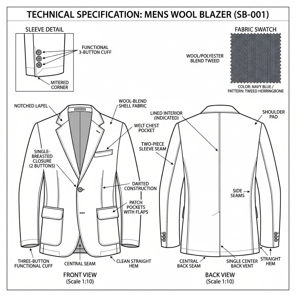Raw GPT Image output: clean tech pack, but it defaults to a standard blazer — single back vent and a straight buttoned cuff