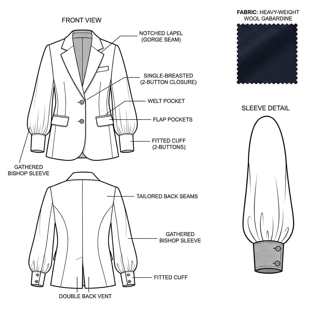Moire-enriched GPT Image output: same clean tech pack with the brief's exact construction — notched lapel with gorge seam, double back vent, and a gathered bishop sleeve into a fitted cuff