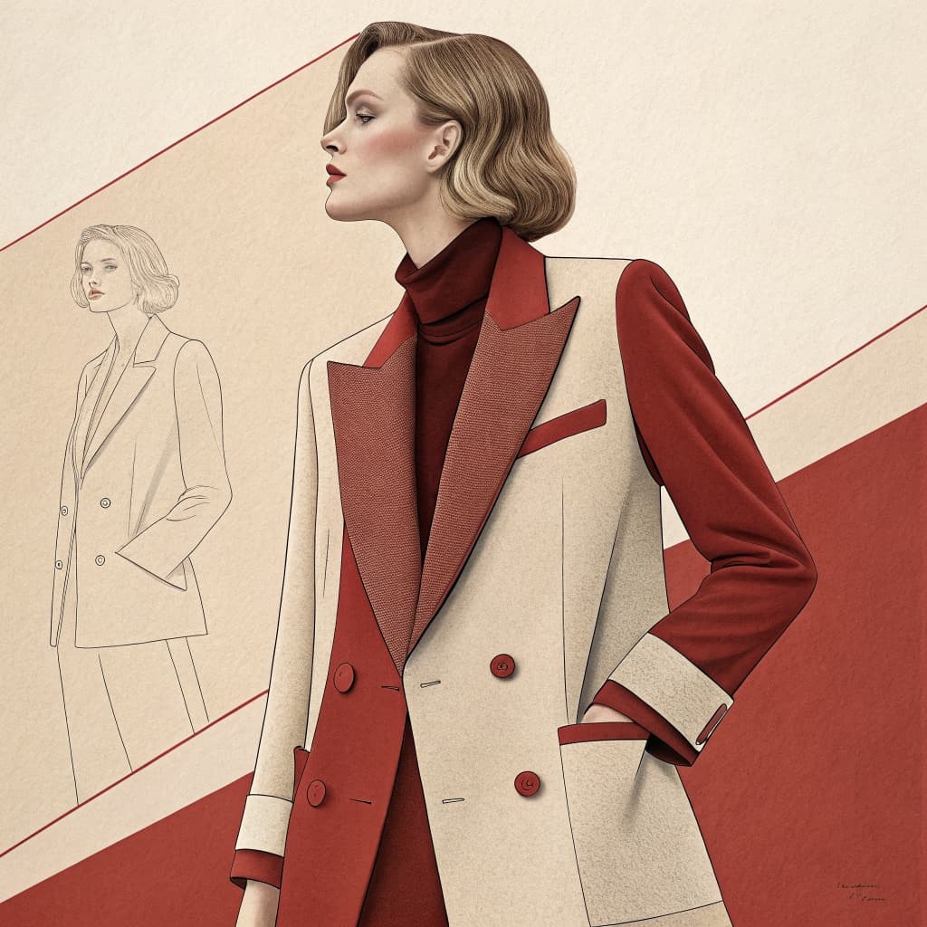 Raw Recraft output: brand-consistent editorial illustration, but compositionally noisy — competing figures, softer shoulders, the 1980s power-shoulder brief is only half-told