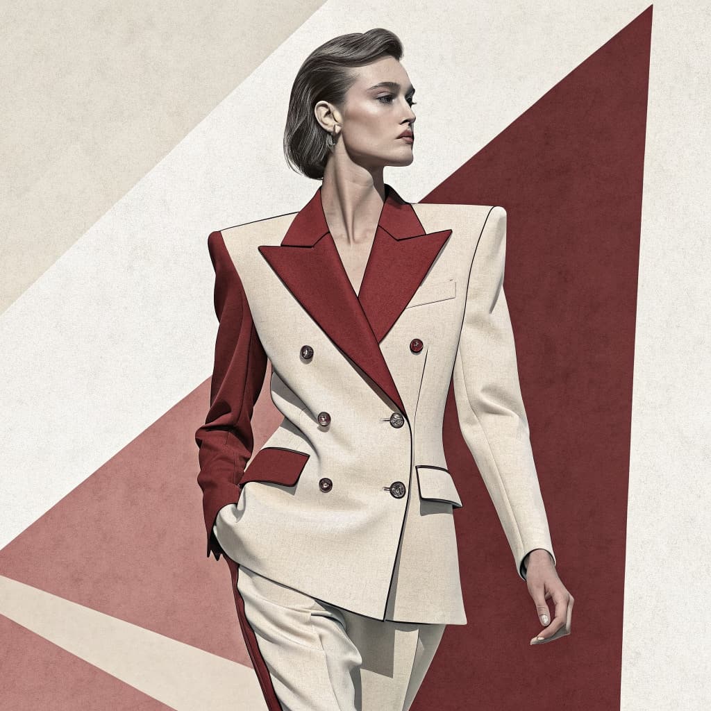 Moire-enriched Recraft output: same brand DNA, distilled to a single hero figure with definitive 1980s construction — sharp angular power shoulders, exaggerated peaked lapels, clean double-breasted closure, tailored waist