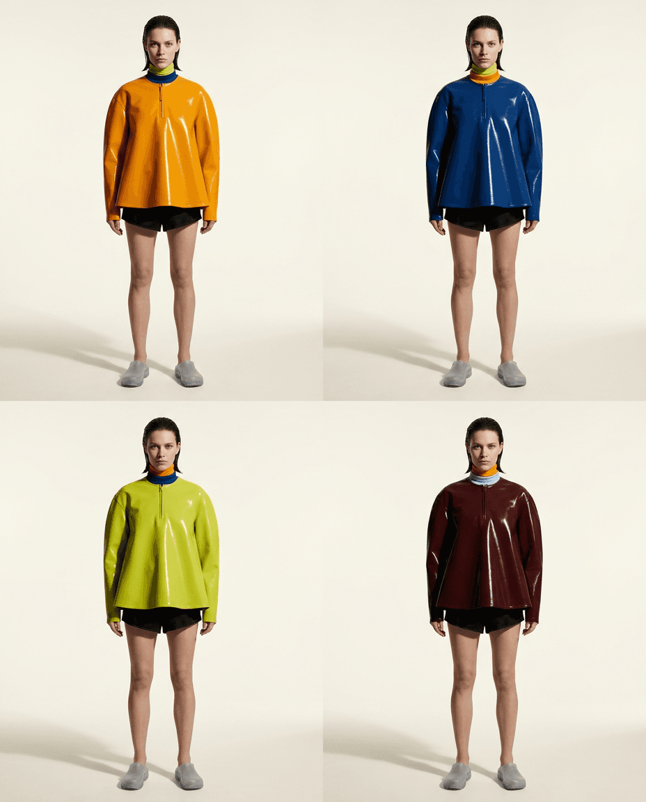 The look in four colorways as a capsule lookbook grid, generated with Moire