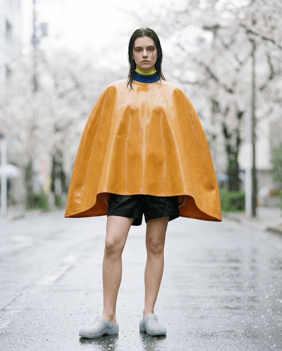 A sculptural sulphur-orange look caught in Tokyo spring rain, generated with Moire