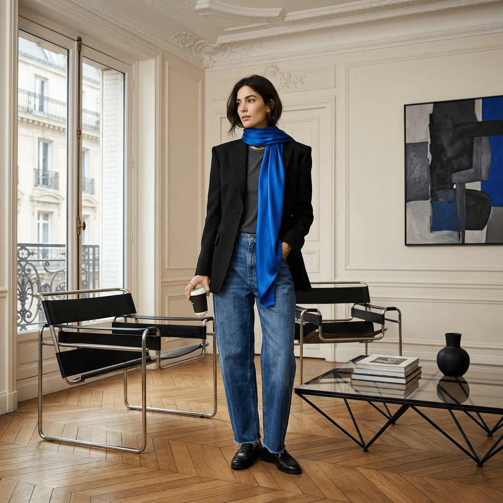 The same prompt through Moire — structured-shoulder blazer, draped charmeuse scarf, Bauhaus tubular-steel chairs, an editorial frame