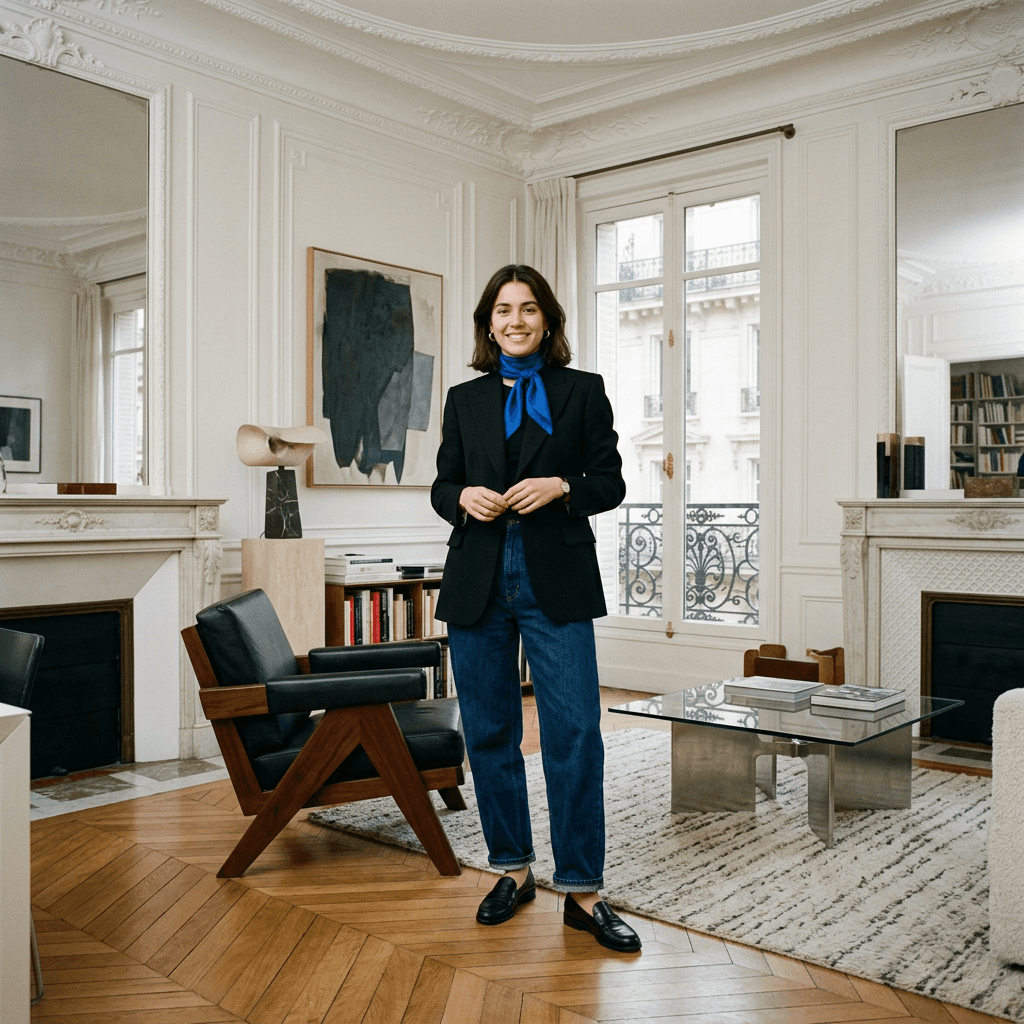A black blazer and blue scarf in a Paris apartment, generated from the prompt alone — soft, generic, a catalogue pose